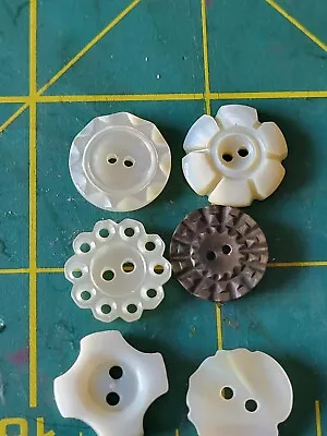 Vintage Mother Of Pearl  2 Holed Button Carved  Detailed Flower Set 6 Antique • $9.95