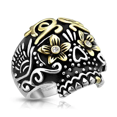 Stainless Steel Gold PDV Skull CZ Ring - 2 Tone Day Of The Dead Sugar Skull Ring • $9.99