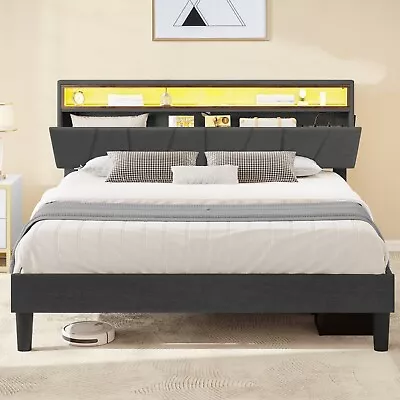 Queen Size Bed Frame W/ LED Headboard Storage & Platform Outlet USB Ports • £198.73