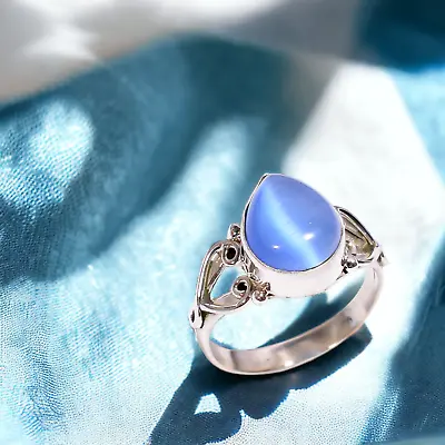 Natural Blue Cats Eye Gemstone Statement Ring Size  925 Silver • $17.09