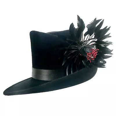 Philip Treacy Black Rabbit Hair Felt & Feather Splay W/ Red Berry Hat Sz M #14 • $650