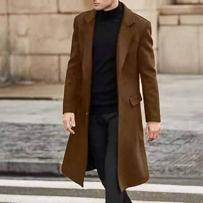 Mens Winter Trench Coat Long Jackets Lapel Neck Outwear Single Breasted Overcoat • $57.38