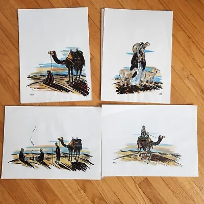 Lot Original Middle East Artwork Pen Watercolor Signed Nihad Camel Drover Desert • $58.15