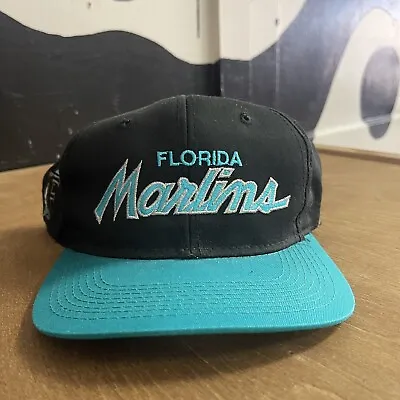 VINTAGE Florida Marlins Hat Cap Snap Back Black Script Sports Specialties Mens • $99.99