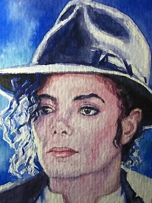 Watercolor Painting Michael Jackson Hat Portrait King Pop Dance Music ACEO Art . • $52