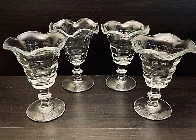 Stemmed Clear Glass Dessert Bowls Ruffled Edge 5 7/8” Tall Set Of 4 Heavy • $11.62