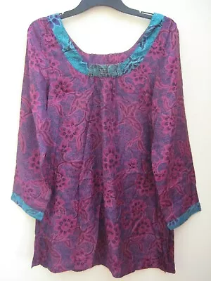 Anokhi M 10 100% Silk Indian Block Print Paisley 70s Style Hippy Kaftan Top  • $30