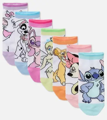 Disney's Stitch Angel Minnie Mouse Marie Patch Tinkerbell Ankle Socks 7 Pairs • £12.95