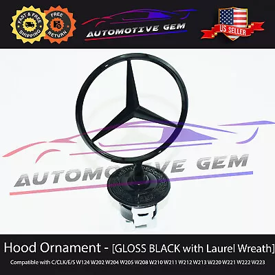 OEM Front Hood Ornament Standing Mercedes Star GLOSS BLACK Laurel Wreath Logo • $75.99