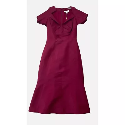 Zac Posen Dress Womens XS Burgundy Satin Cold Shoulder Tulip Hem Sheath Cocktail • $99