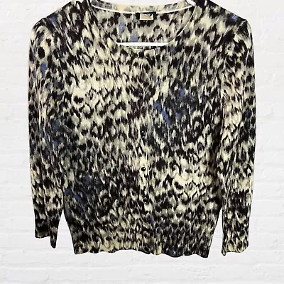 J. Crew Cardigan Sweater Womens Size S Black Blue Leopard Print 100% Merino Wool • $24.95