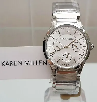 KAREN MILLEN Silver Bracelet Ladies Watch Day & Date RRP £189 NEW (KM4 • £59.99