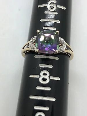 Estate Beautiful Mystic Topaz & Diamond Solid 10k Yellow Gold Ring Size 7.25 US • $225