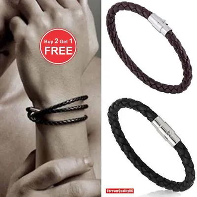 Mens Leather Braided Wristband Bracelet Stainless Steel Magnetic Clasp • £2.49