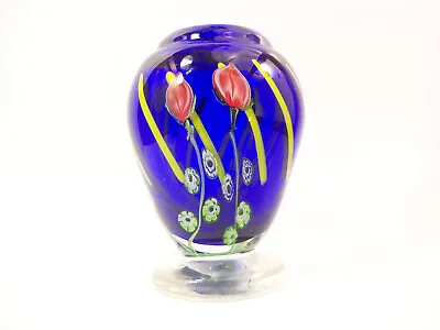 Murano Italy MilleFiori Rose Blue Art Glass Vase • $94.50