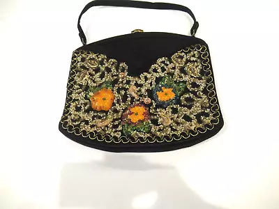 Caron Of Houston Black Purse With Gold And White Beads Flowers • $32