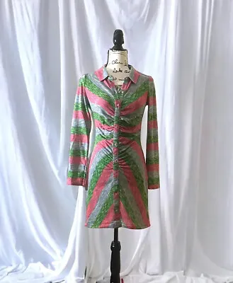ZARA Women’s Dress Multicolor Striped Lapel Collar Long Sleeve Gathered Size • £42.87