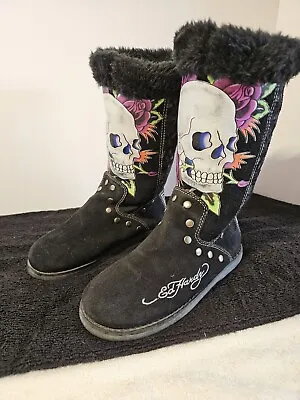 Ed Hardy Womens Skull Boots Tattoo Roses Suede Leather Black Lined Y2K Size 6 • $56