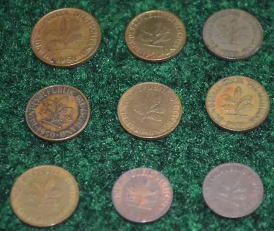 NINE German Deutchland 10 - 5 - 1 Pfennig Coins 1950 1969 1970 • $39.99