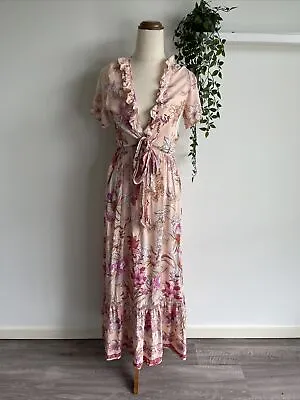 Shareen Collections Size 8 Womens Pink Floral Boho Maxi Dress W/ Cut Out EUC • $12.25