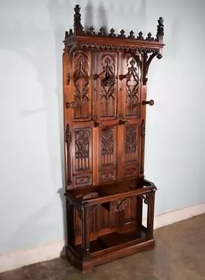 Antique French Gothic Hall Tree/Hall Stand/Coat/Hat Rack In Solid Walnut Wood • $3245