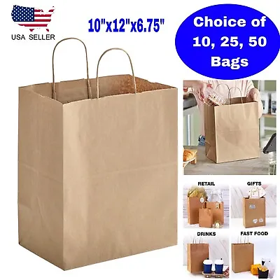 $12.50 • Buy Paper Bags Brown Kraft Bag With Handles Gift Retail Shopping Bag 10''x12''x6.75'