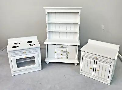 Dollhouse Miniature White Country Kitchen Set Stove Tall Cupboard Small Cabinet • $22