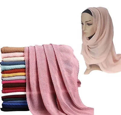 New Top Quality Pleated Cotton Crinkle Women Plain Maxi Long Hijab Scarf  Muslim • £4.89