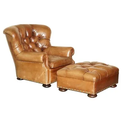 Ralph Lauren Writer's Aged Brown Leather Armchair And Footstool Ottoman • £7500
