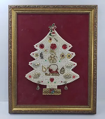 Vintage 1996 Costume Jewelry Art Framed Pearls Rhinestones Tree Signed OOAK • $34.95