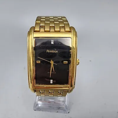 Armitron Watch Men Gold Tone Black Dial Diamond Marker 22m Rectangle New Battery • $12.79