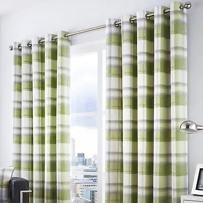 Fusion BALMORAL CHECK Green Tartan 100% Cotton Eyelet Curtains / Cushions • £59.95
