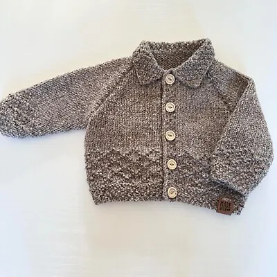 Hand Knitted Diamond Cardigan In Brown Fleck 3-6 Months • £12