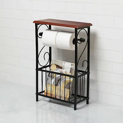 Black Metal & Cherry Wood Design Toilet Paper Holder & Floor Magazine Rack Stand • $45