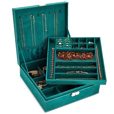 Velvet Jewelry Box Organizer With Lock - 2 Layer Travel Case Jewelry Storage • $26.49