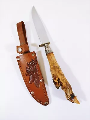 Vintage Rostfrei Solingen 9  Knife Deer Hoof Handle W/ Leather Sheath Germany • $25.60