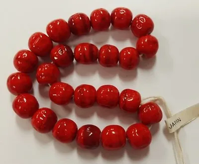 24 VINTAGE JAPAN CHERRY BRAND GLASS RED SWIRLED 11mm. BAROQUE ROUND BEADS 4665T • $4.49