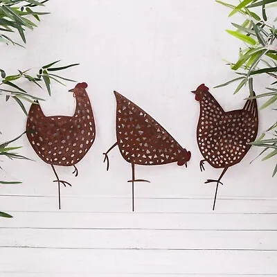 Set Of 3 Rusty Hens Chickens Metal Art Garden Stakes Rustic Lawn Ornament Decor • £26.95