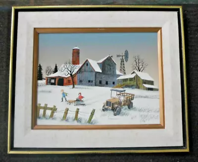 Signed H. Hargrove Framed Serigraph Oil Painting Winter Barn Children Sledding • $15