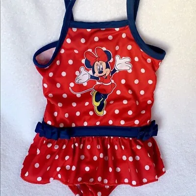 Disney Store Girls Minnie Mouse Polka Dot Swimsuit With Skirted Bottom Red Navy • $18.89