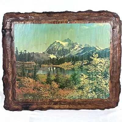 Vintage Lacquer Wood Wall Art Print Of Mountain Scenery ￼ • $34.88