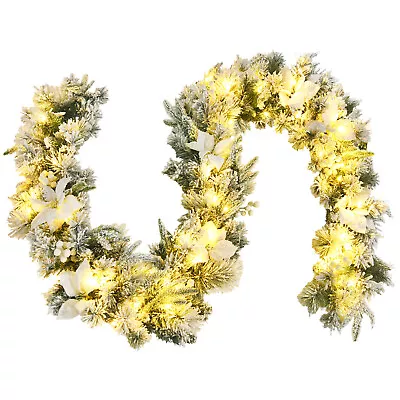 9ft Pre-lit Snowy Christmas Garland W/ Berries Poinsettia Flowers Timer • $45.99