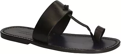 Men's Vintage Flat Toe Ring Thong Sandals Shoes Black Leather Handmade In Italy • £98.40