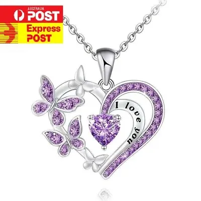 Love Heart Crystal CZ Pendant Necklace   I Love You   Silver Plated Chain • $7.64