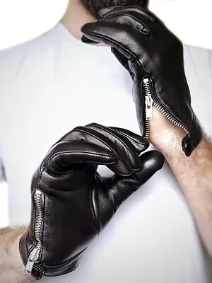 Men Side Open Zipper With Button Lambskin Real Leather Black Gloves • $38.40