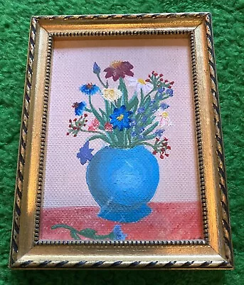 Vintage Miniature Painting On Canvas Framed Bouquet Of Flowers Shabby Chic Boho • $19.99