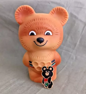 Vintage Toy USSR Olympic Bear Misha Rubber 1980 Olympics Moscou Mascots + Badge • $19