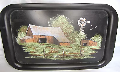 Vintage Painted Black Metal Tray 14  X 8 1/2  Farm Scene • $12.45