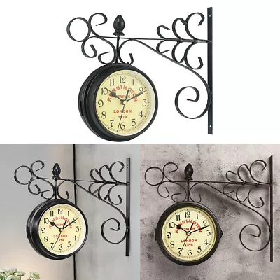 Round Metal Garden Kensington Station Clock Wall Mounted Double Sided W/ Bracket • £13.94