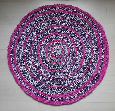 Crochet Cotton Rag Rug Round Mat Fushia Pink Pale Pink & Black Machine Washable • £34